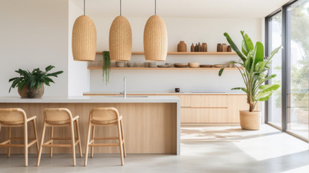 A spacious kitchen with a tall snake plant in a woven basket.の素材