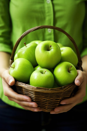 a woman holding a green apple with a bite taken out of it, with a basket of apples in the background.の素材