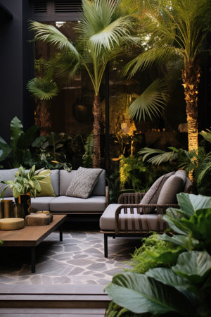 A stylish outdoor patio with a mix of exotic plants in different heights and textures.の素材