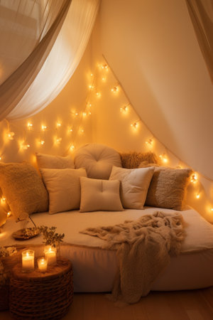 A tranquil meditation room with soft lighting and comfortable cushions.の素材