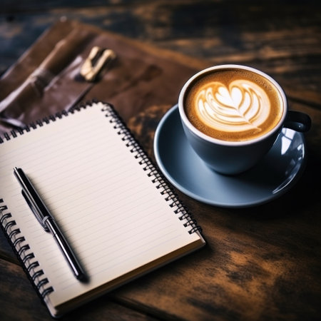 A top view of a coffee cup and a notebook with a pen, placed on a dark wooden table.の素材