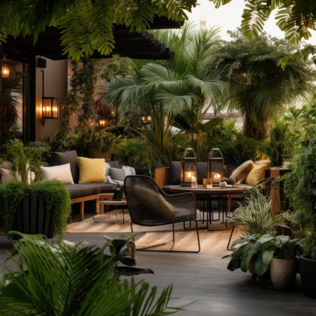 A stylish outdoor patio with a mix of exotic plants in different heights and textures.の素材