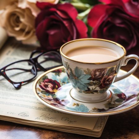 A vintage-style photo of a coffee cup on a saucer with a newspaper and pair of glasses.の素材