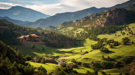 A stunning landscape photo of a remote mountain retreat.の素材