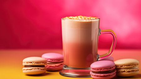 A vibrant shot of a latte in a clear glass mug with colorful macarons arranged on a pink background.の素材