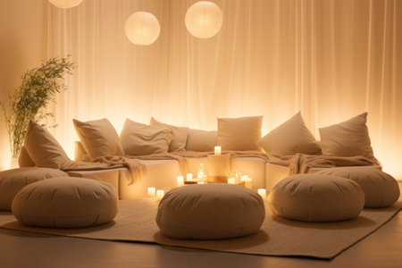 A tranquil meditation room with soft lighting and comfortable cushions.の素材