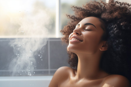 A woman practices self-care by taking a relaxing bubble bath.の素材