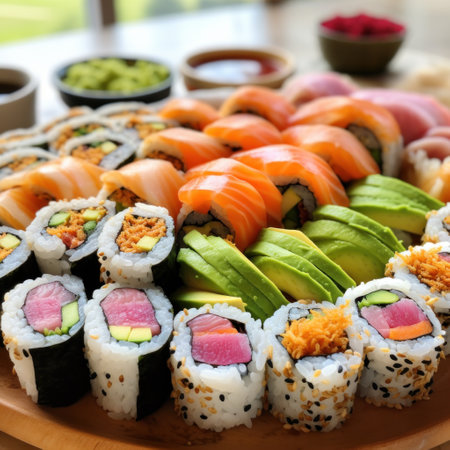 A tray of colorful sushi rolls, featuring ingredients like avocado.の素材