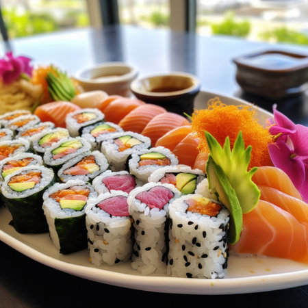 A tray of colorful sushi rolls, featuring ingredients like avocado.の素材