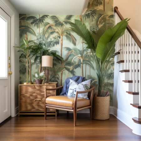 welcoming entryway with a tropical print wallpaper and a pair of potted palms.の素材
