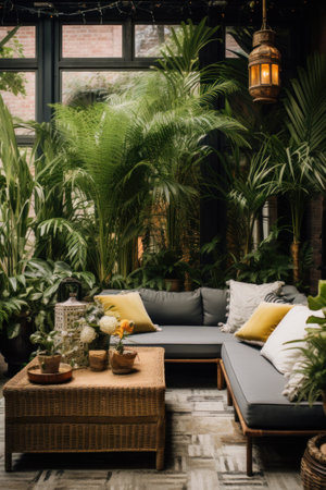 A stylish outdoor patio with a mix of exotic plants in different heights and textures.の素材