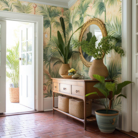 welcoming entryway with a tropical print wallpaper and a pair of potted palms.の素材