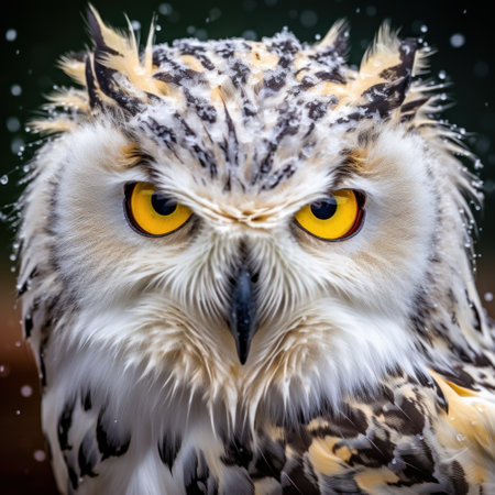 A stunning portrait of a snowy owl, with its piercing yellow eyes and fluffy white feathers.の素材