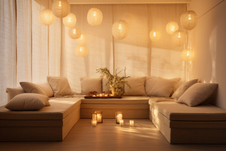 A tranquil meditation room with soft lighting and comfortable cushions.の素材