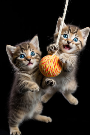 wo tabby kittens playing together with a ball of yarn,の素材