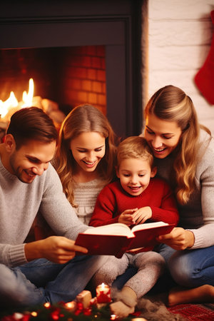 A happy family is gathered around a cozy fireplace, with the parents reading a Christmas story to their children.の素材