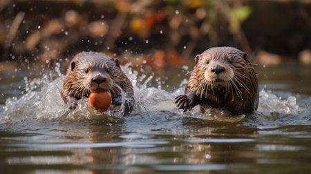 Two otters playing in the water, with one holding a small rock and the other splashing around.の素材