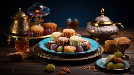 traditional Ramadan sweets and tea on a wooden table, representing the joy of breaking the fast during Ramadan.の素材