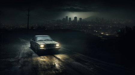 An atmospheric image of a lone car racing down a deserted street in the dead of night.の素材