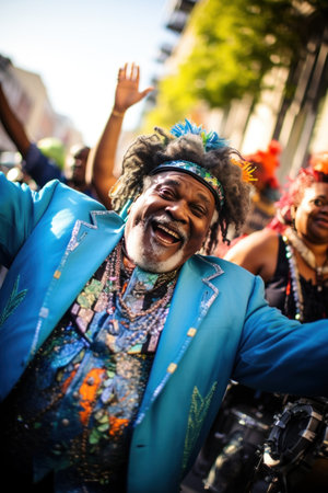 the energy and excitement of a Second Line parade during Mardi Gras celebrations.の素材