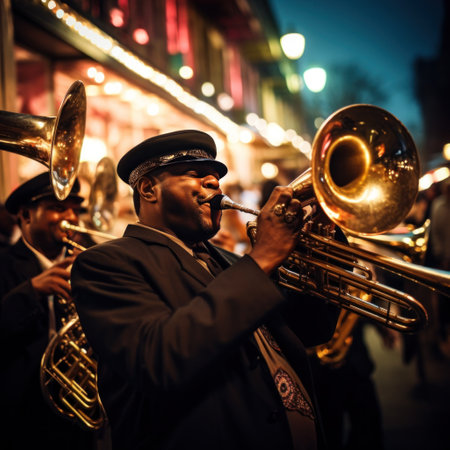 A musical shot of brass bands and other musicians performing in the streets during Mardi Gras celebrationsの素材