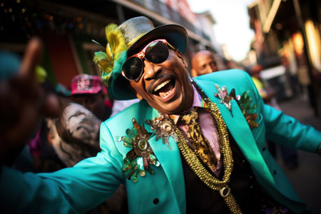 the energy and excitement of a Second Line parade during Mardi Gras celebrations.の素材