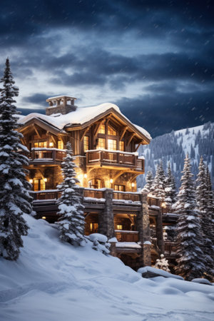 A rustic ski lodge nestled in the mountains, with snowy slopes and evergreen trees in the background.の素材