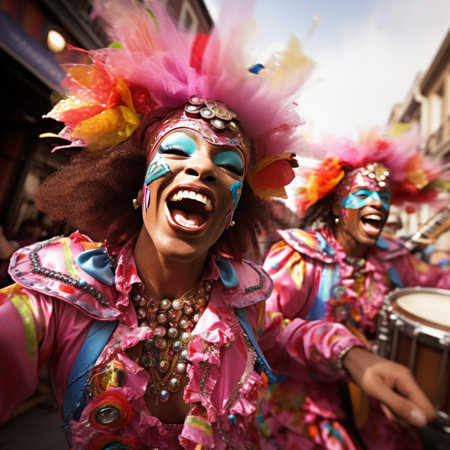 street performers dressed in vibrant costumes, entertaining crowds during Mardi Gras festivities.の素材