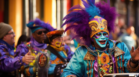 street performers dressed in vibrant costumes, entertaining crowds during Mardi Gras festivities.の素材