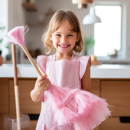A young girl wearing a pink apron and holding a feather duster as she helps with cleaning chores around the house..の素材