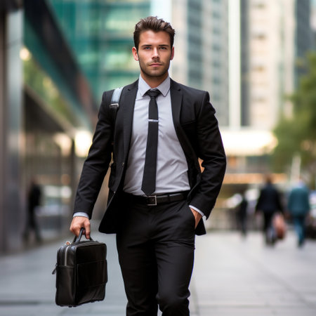 An individual holding a briefcase and walking confidently with a determined expression.の素材