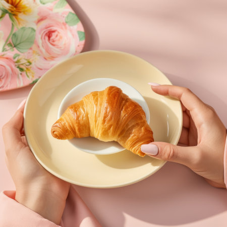 A woman's hand holding a white mug of coffee with a croissant on a plate.の素材