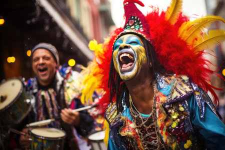 street performers dressed in vibrant costumes, entertaining crowds during Mardi Gras festivities.の素材