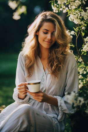 An elegant image of a woman enjoying a cup of tea in a peaceful garden setting.の素材