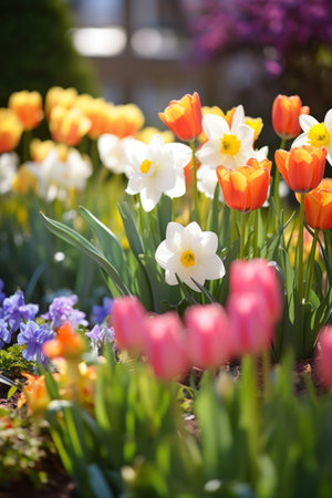 Vibrant tulips and daffodils in a garden with a blurred background.の素材