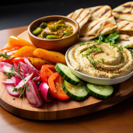 A wooden board featuring an assortment of sliced vegetables.の素材