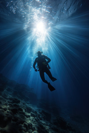 diver descending into the deep blue sea, with sunlight filtering through the water.の素材