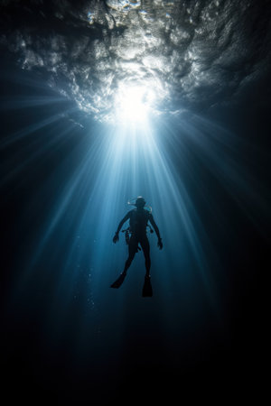 diver descending into the deep blue sea, with sunlight filtering through the water.の素材