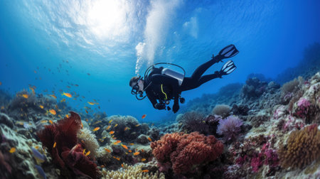 scuba diver holding a camera.の素材
