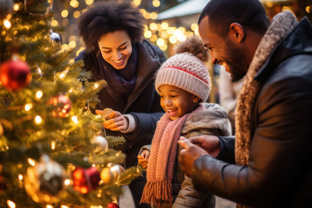 a family is gathered around a beautifully decorated outdoor Christmas tree.の素材