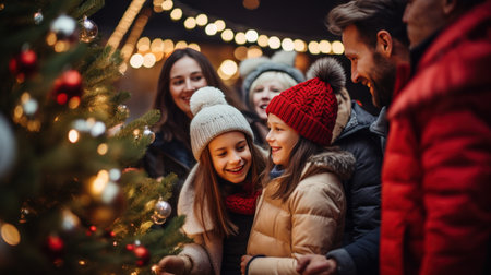 a family is gathered around a beautifully decorated outdoor Christmas tree.の素材