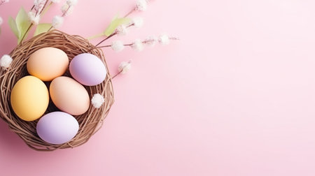 Colorful Easter eggs arranged in a basket on a pastel pink background with copy space.の素材