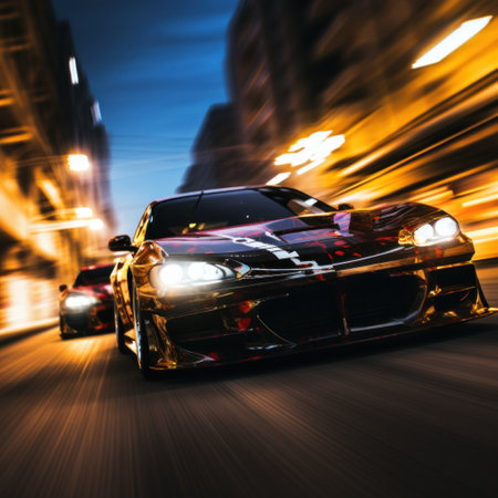 two cars racing side by side down a brightly lit street.の素材