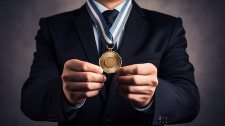 A person holding a trophy or medal, symbolizing recognition and achievement in business.の素材