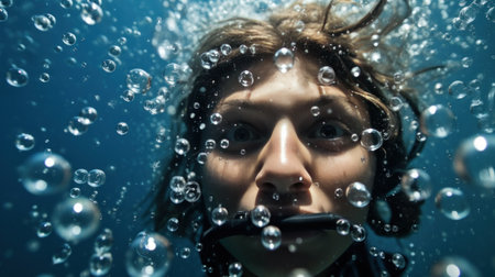 a scuba diver's face as they observe marine life.の素材