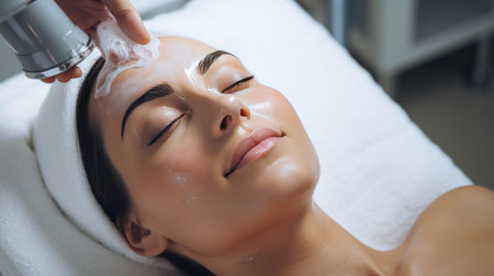 Beautiful young woman in spa salon getting facial treatment by beauticianの素材