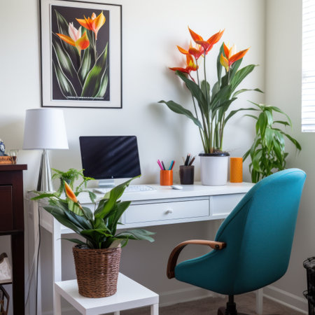 A cozy office space with a vibrant bird of paradise plant on the desk.の素材