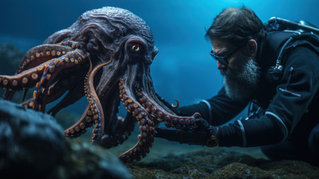 a scuba diver's hand reaching out to touch a curious octopus.の素材