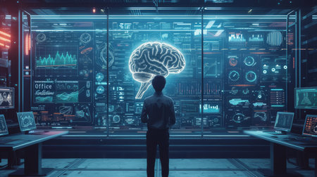portrays a business leader integrating AI-driven tools to enhance efficiency and streamline complex processes..の素材