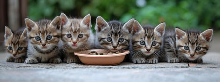 six small kittens eat food out of a bowl.の素材